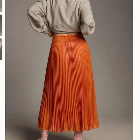 NWOT Anthropologie Neon Pleated Midi Skirt Small Vibrant Medium Orange - Picture 7 of 7
